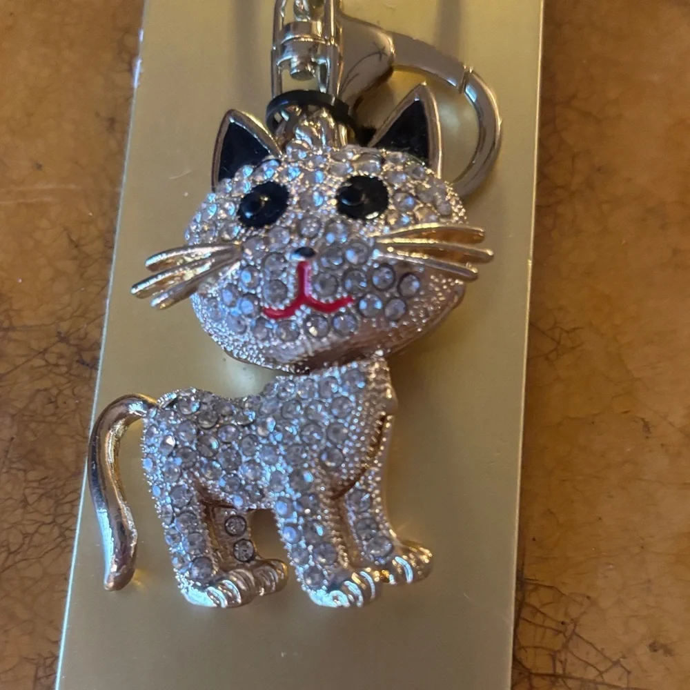 Natasha Couture Glittering Cat Keychain - Silver and Black